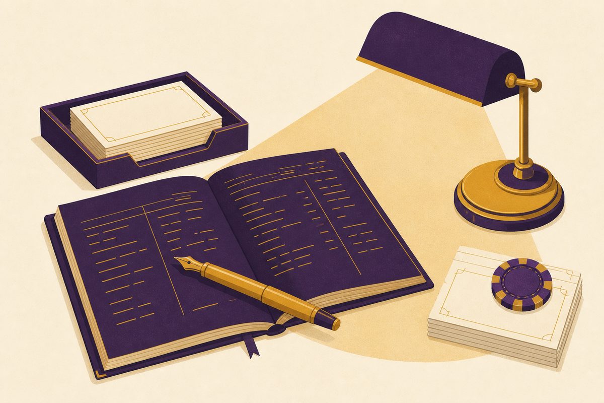 Illustration of a reviewer's desk with an open ledger, a gold fountain pen, index cards and a casino chip used as a paperweight