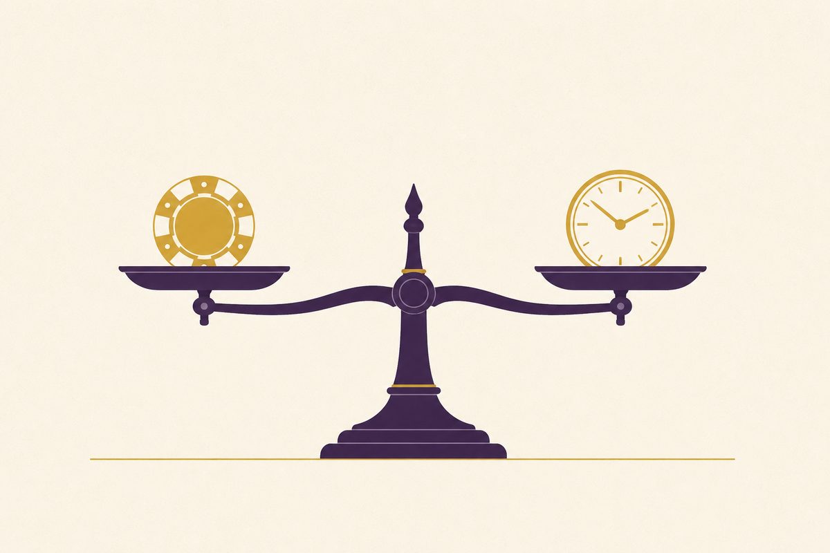 Illustration of a level balance scale weighing a single gold casino chip against a clock face