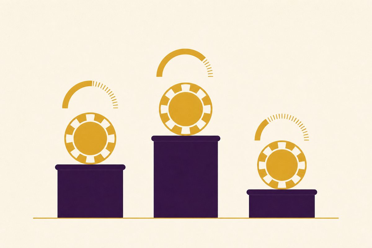 Illustration of three casino chips on podiums of different heights with percentage gauges above them