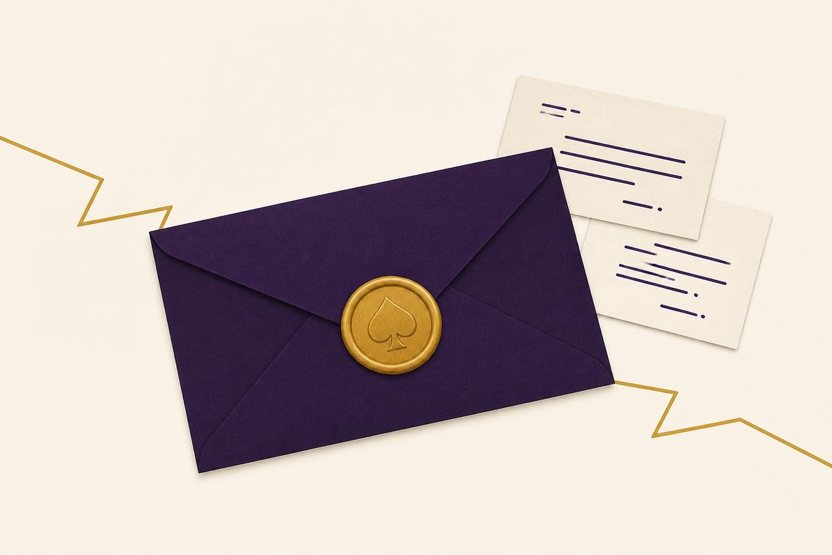 Illustration of a deep purple envelope closed with a gold wax seal bearing a spade symbol, next to two note cards