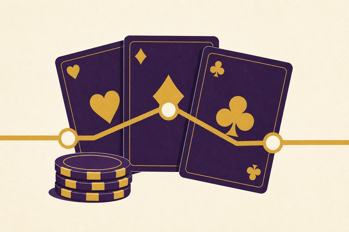 Illustration of playing cards, casino chips and a gold payline running through slot reel positions
