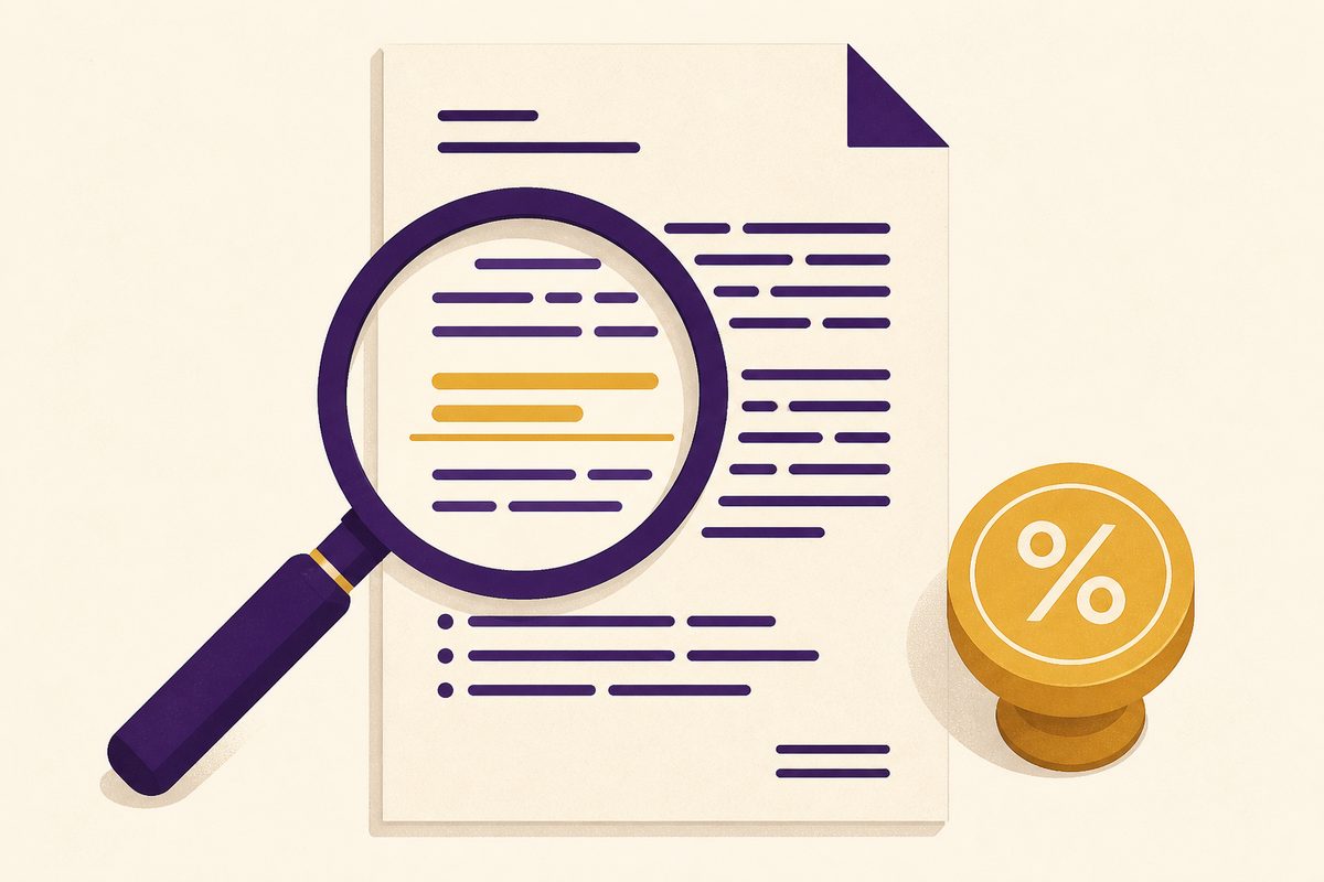 Illustration of a magnifying glass over a terms document with one clause highlighted in gold, next to a percentage stamp