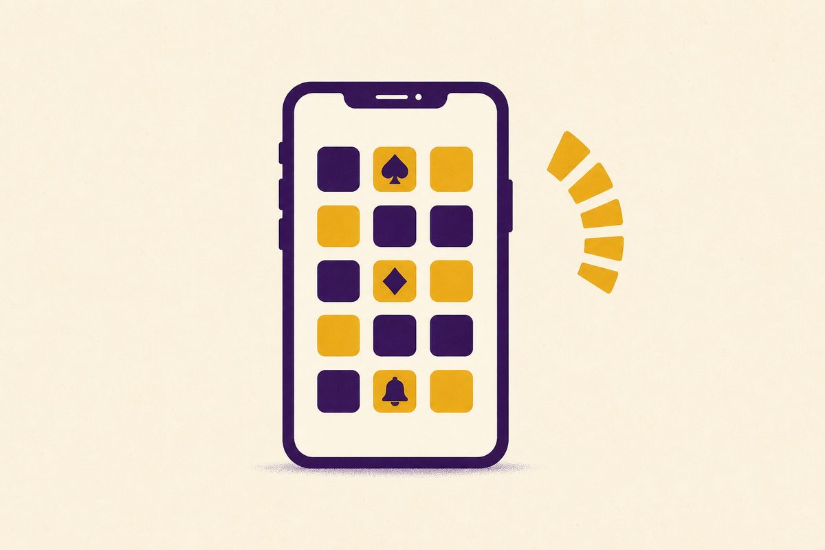 Illustration of a smartphone showing a mosaic of purple and gold game tiles with a rating arc beside it