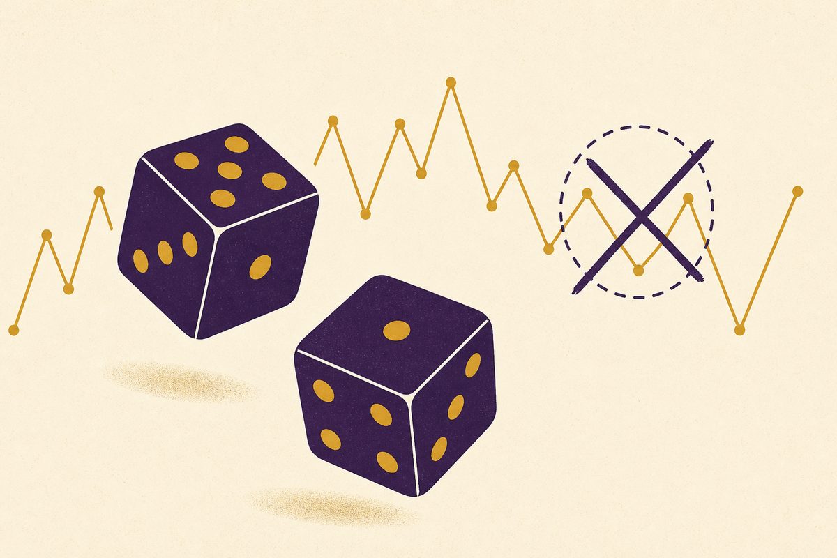 Illustration of two tumbling dice in front of a jagged gold results line, with one supposed pattern circled and crossed out